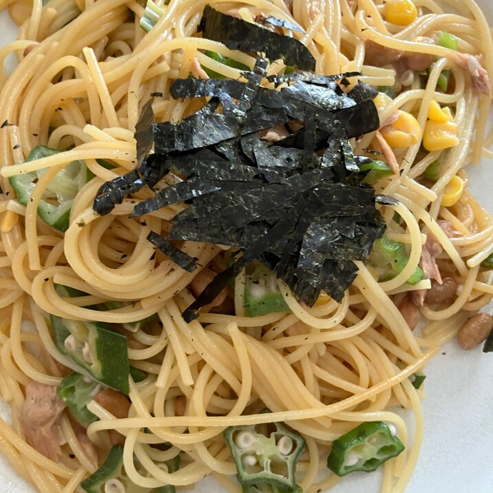 納豆とおくらのネバネバパスタ